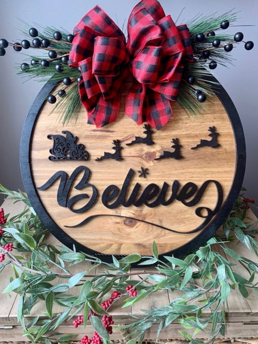Custom Christmas Believe Holiday Hanger w/ Red Buffalo Plaid Bow & Santa Sleigh